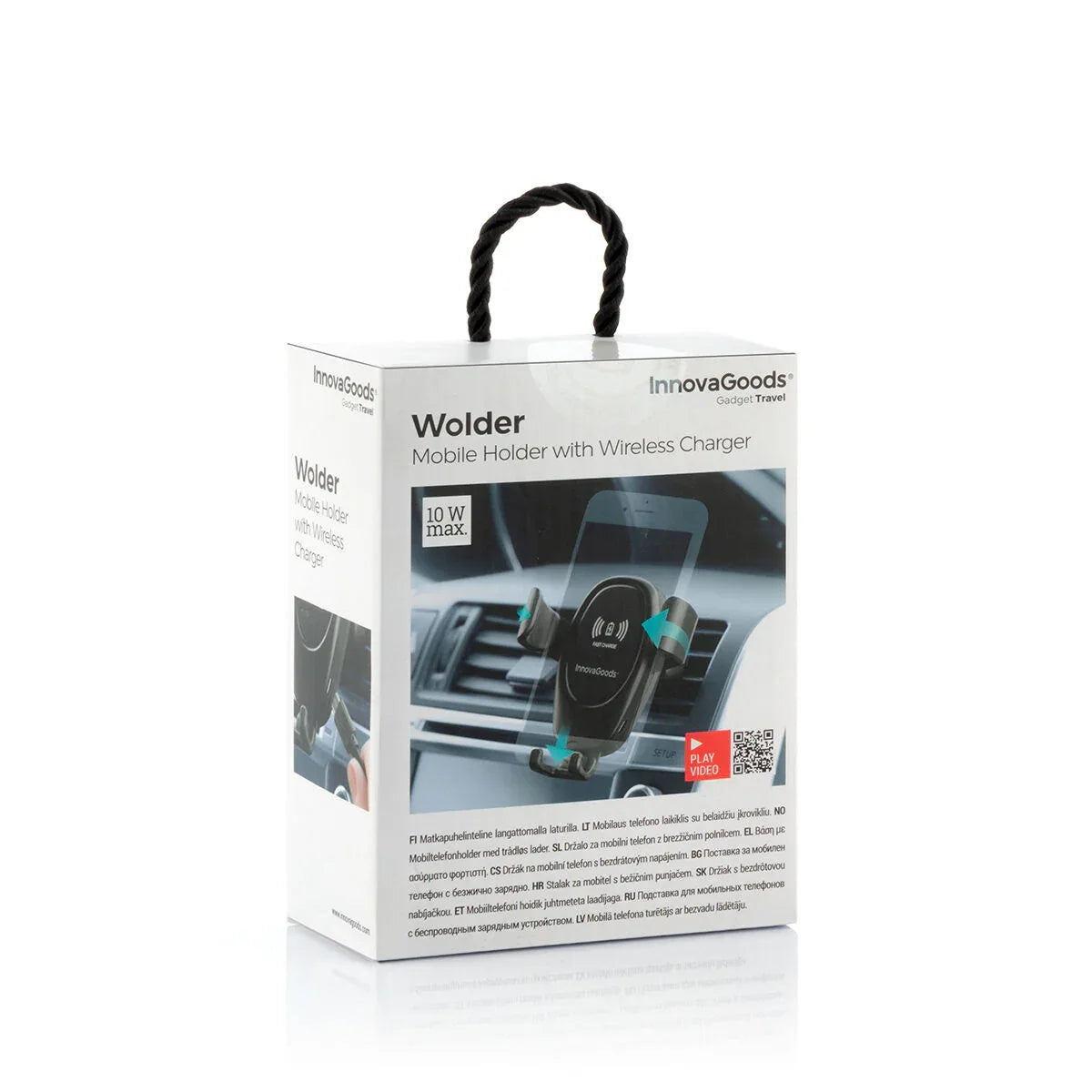 Packaging of wireless mobile phone holder for car, featuring product image and branding details.