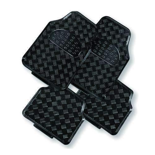 Black VENOM 4-piece car mats with aluminium look, showing front mats with textured rubber and aluminium accents.