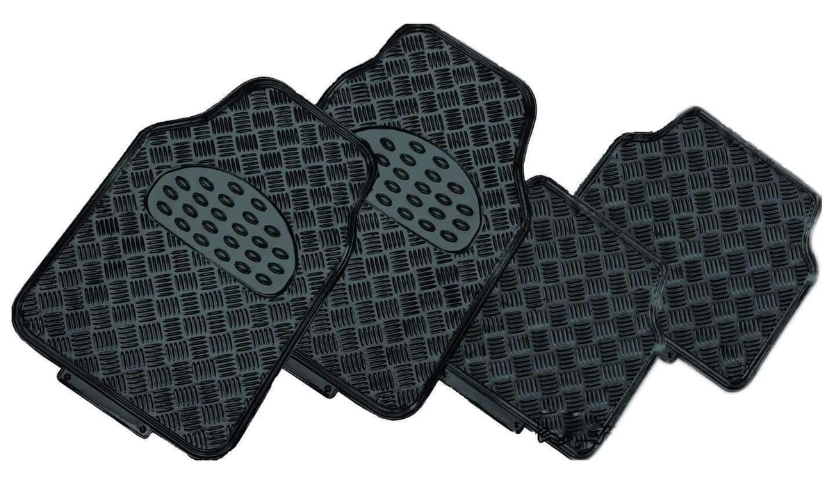 VENOM car mats displayed inside vehicle, highlighting anti-slip backing and modern aluminium design on front and rear mats.