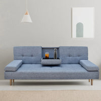 Side view of grey sofa bed showing removable cushions and wooden legs.
