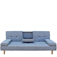 Top angle view showing grey sofa bed cushions arranged neatly with cupholder extended.