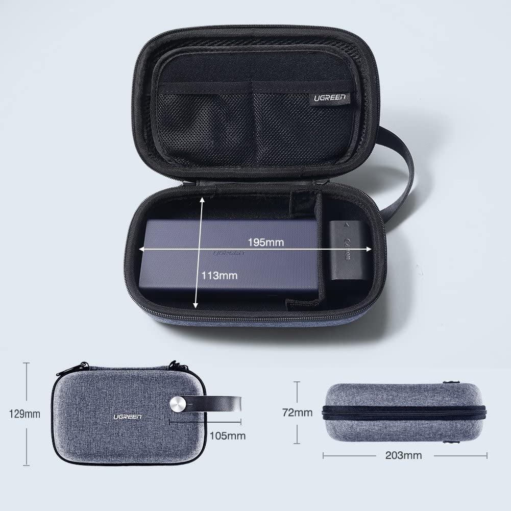 Open UGREEN travel storage bag showing organized compartments with various electronic gadgets inside.