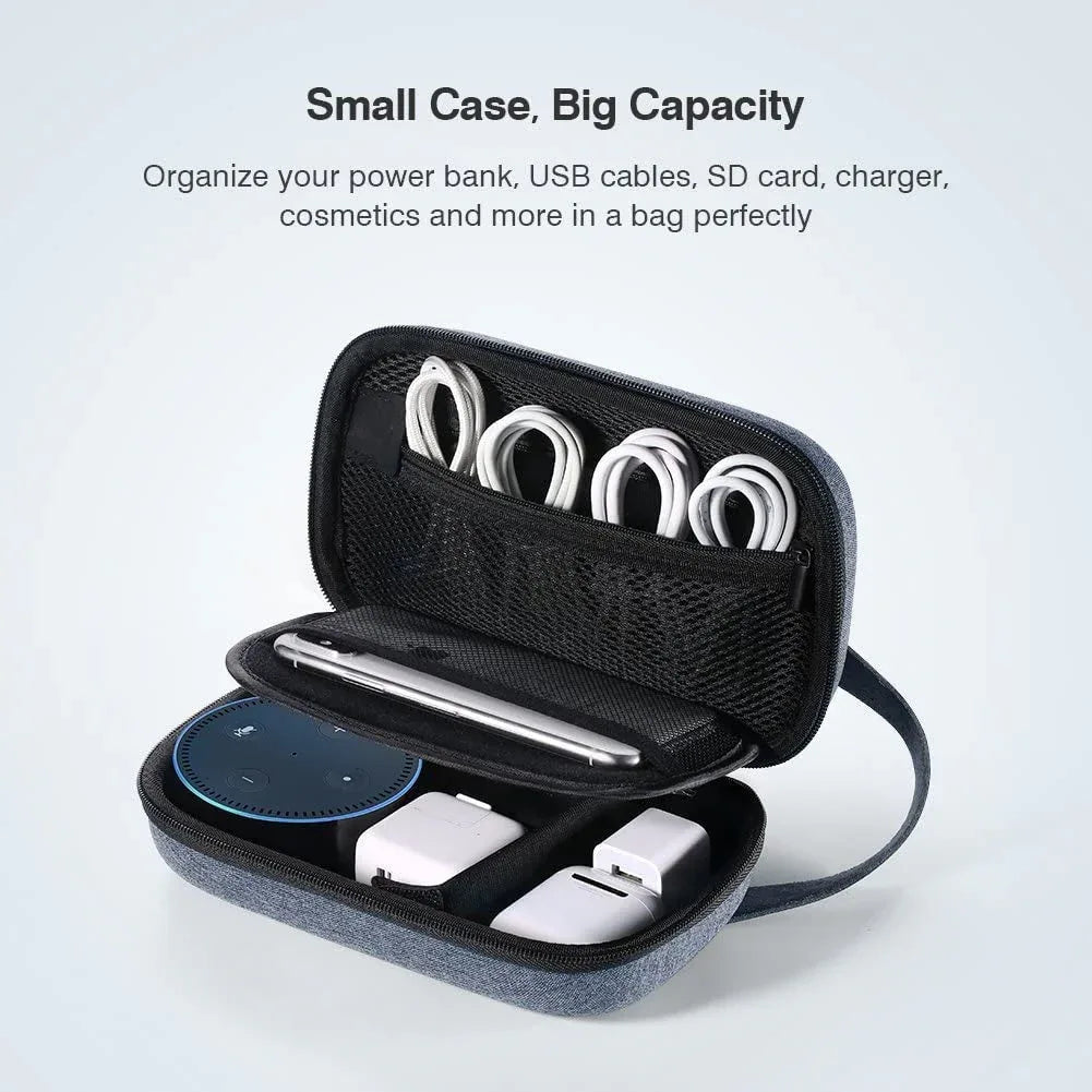 Side view of closed black portable electronics and makeup storage bag with subtle texture.