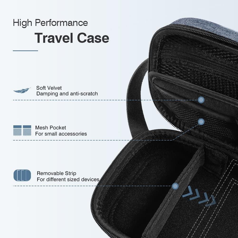 Travel storage bag filled with power bank, wireless charger, GPS device, and other tech tools.