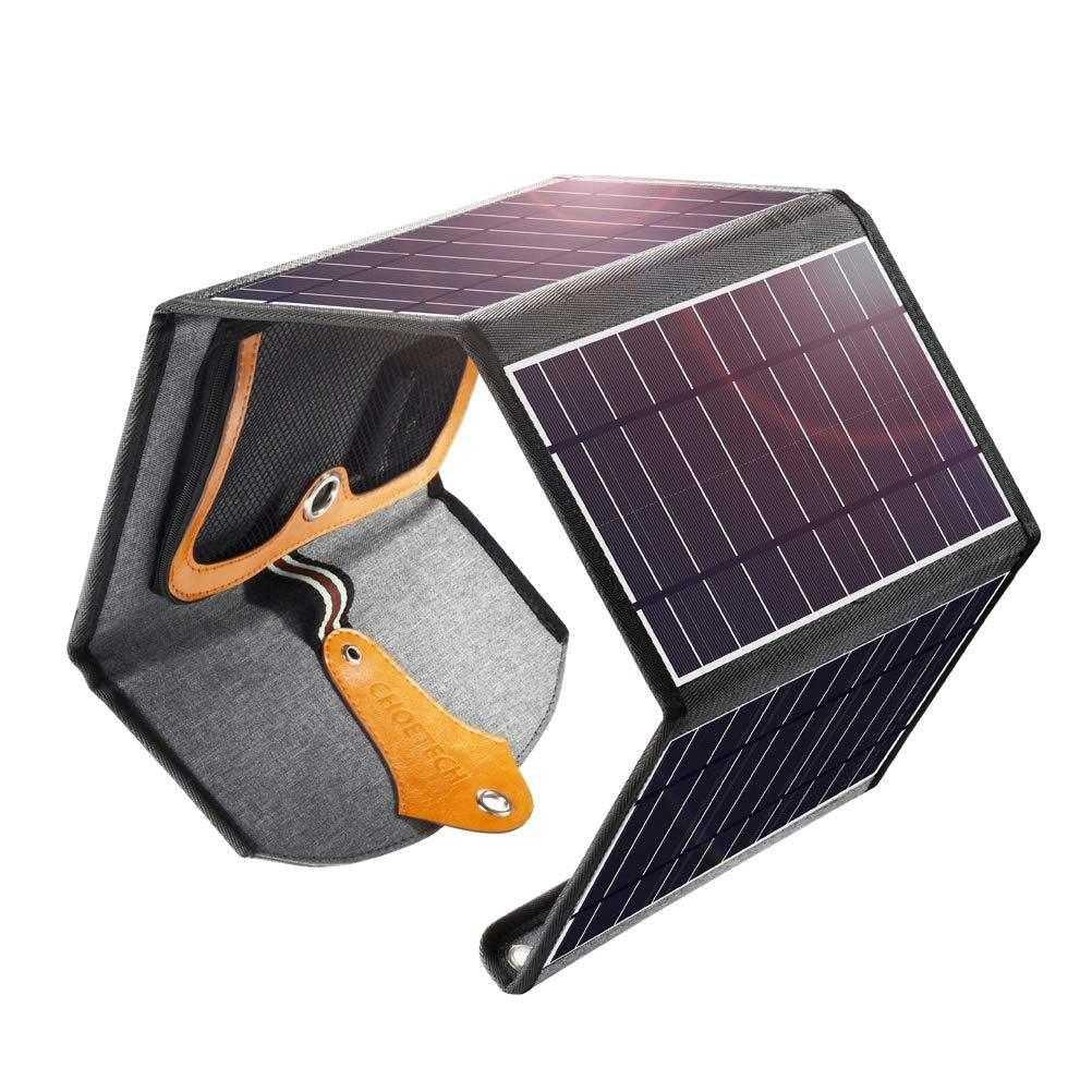 Folded CHOETECH 22W portable waterproof solar panel charger showing compact design and four solar panels.