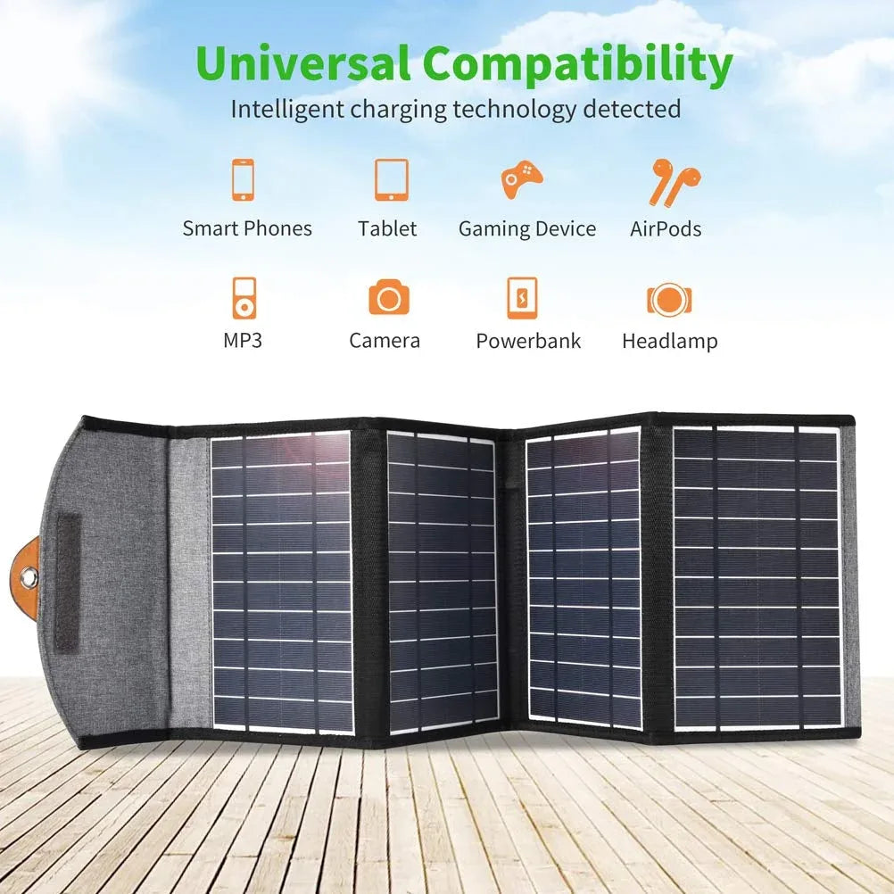 Open CHOETECH solar charger with four black solar panels laid flat on a light surface.