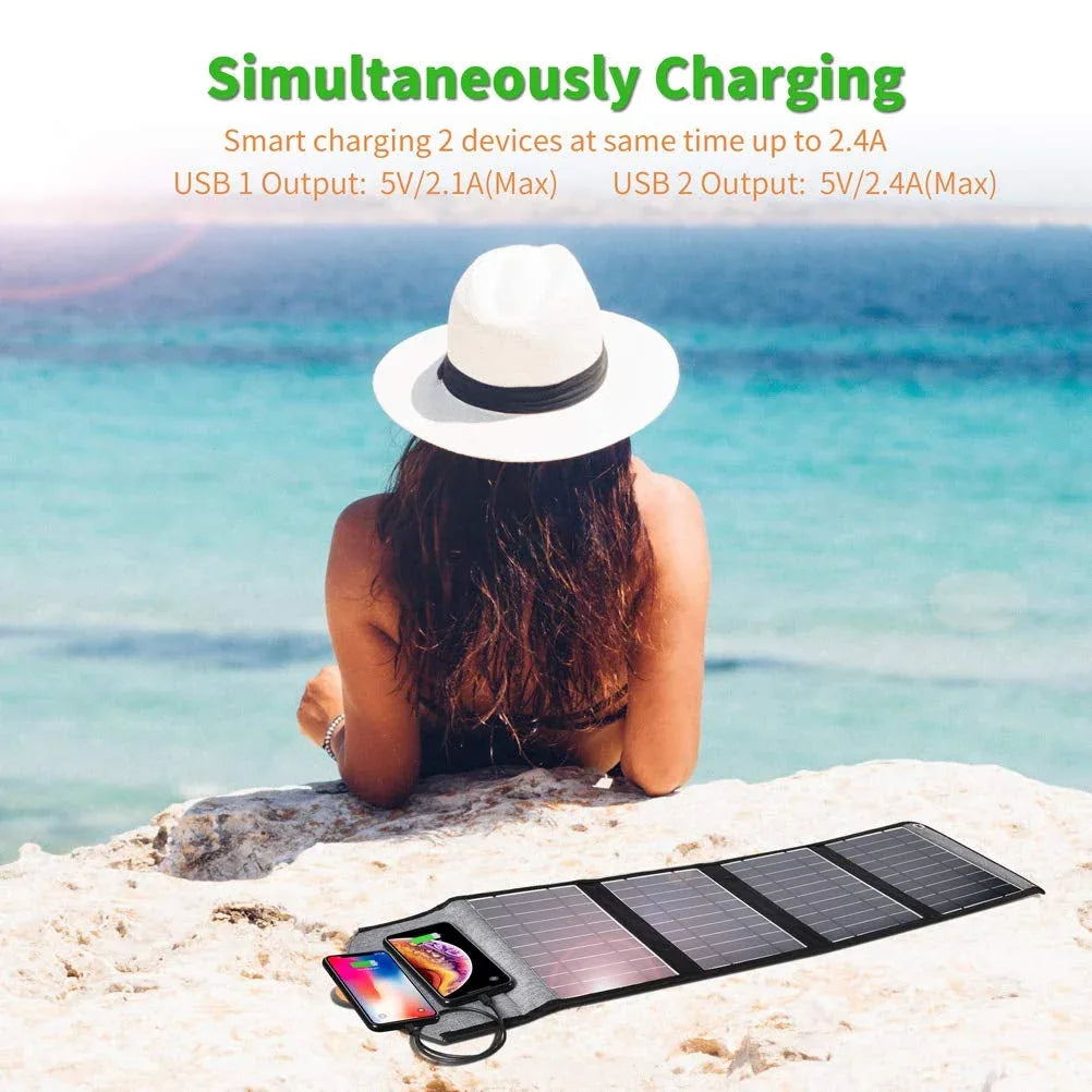 Fully unfolded black portable waterproof solar panel charger displayed on flat surface.