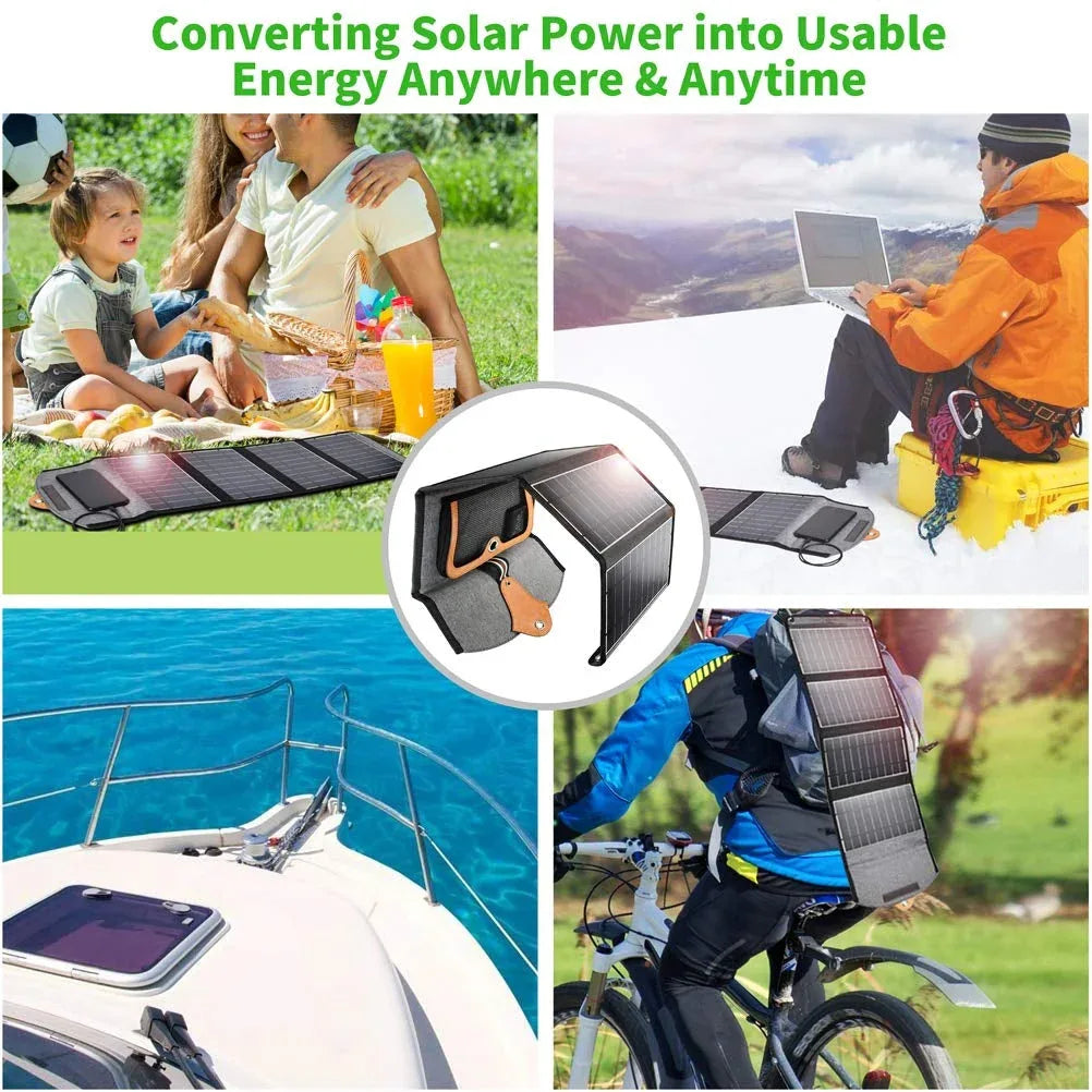 CHOETECH solar panel charger secured to a backpack using metal holes for easy attachment.