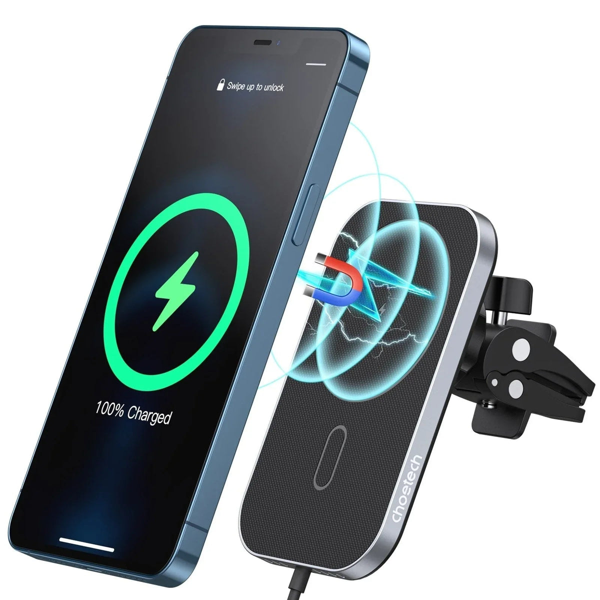 Close-up of CHOETECH T200F-301 wireless car charger holder attached to a car vent with phone mounting magnet.