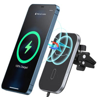 Close-up of CHOETECH T200F-301 wireless car charger holder attached to a car vent with phone mounting magnet.