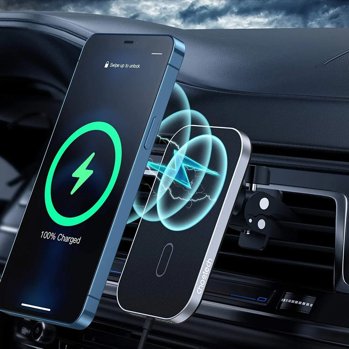 Wireless magnetic car charger holder showing phone securely attached to vent mount with adjustable 360-degree ball head.