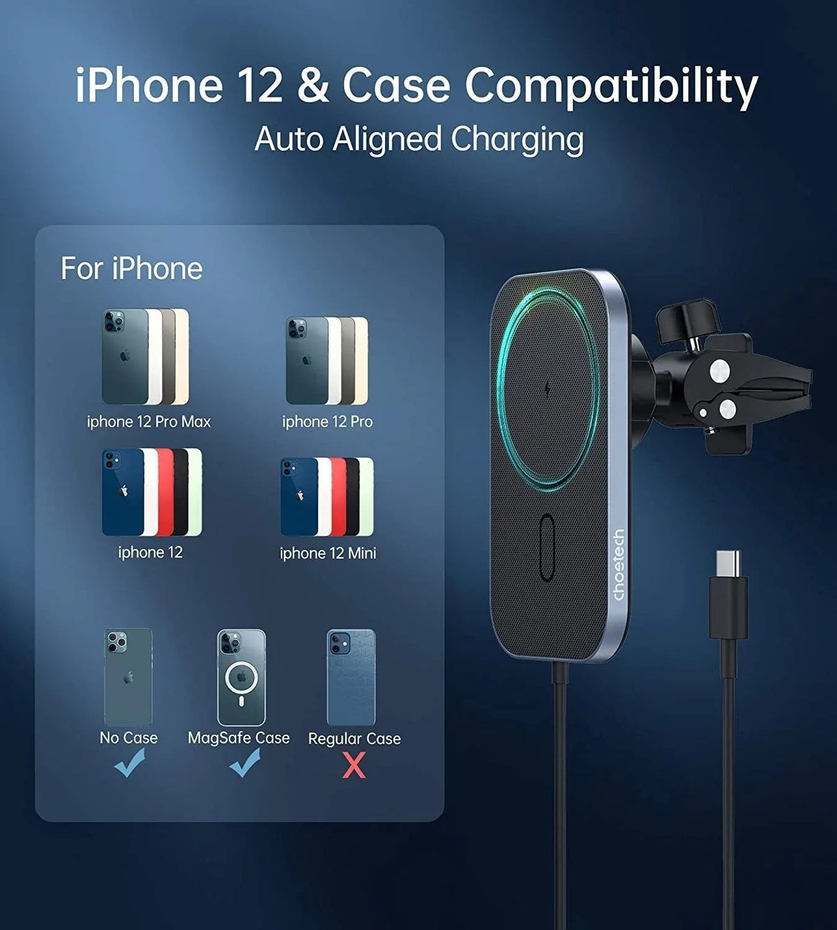 Illustration of wireless charging modes supported including 15W, 10W, 7.5W, 5W, and 2.5W smart safety system.