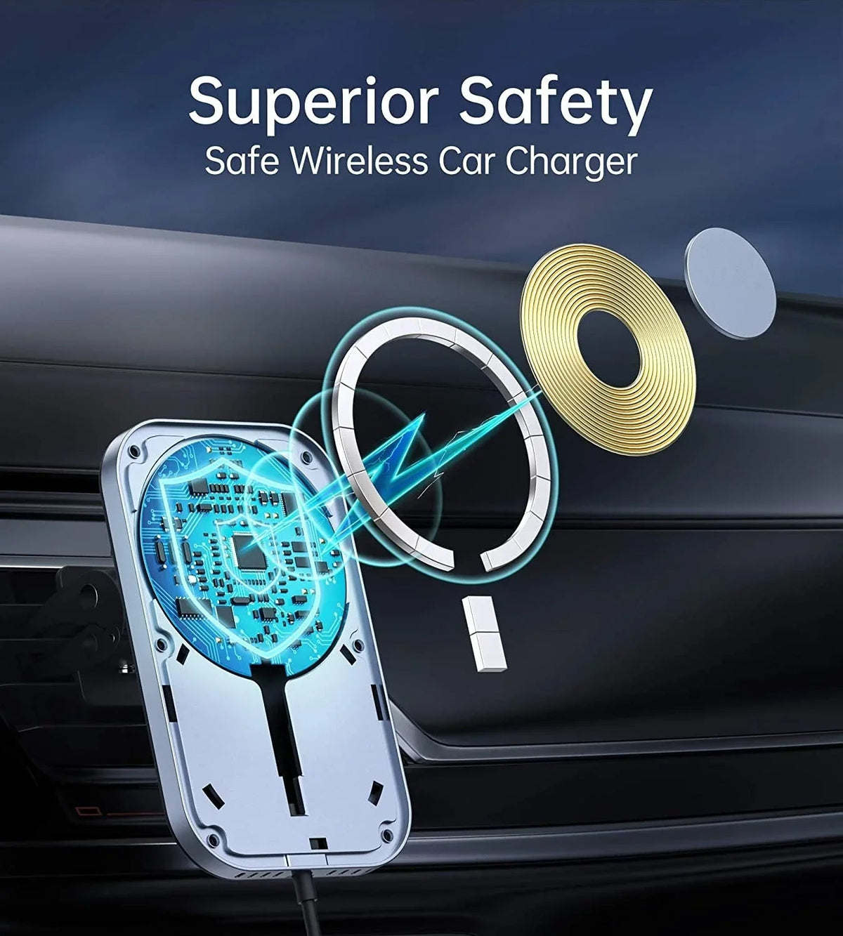 Black magnetic wireless car charger holder attached to a vehicle's air vent, showing ergonomic design.