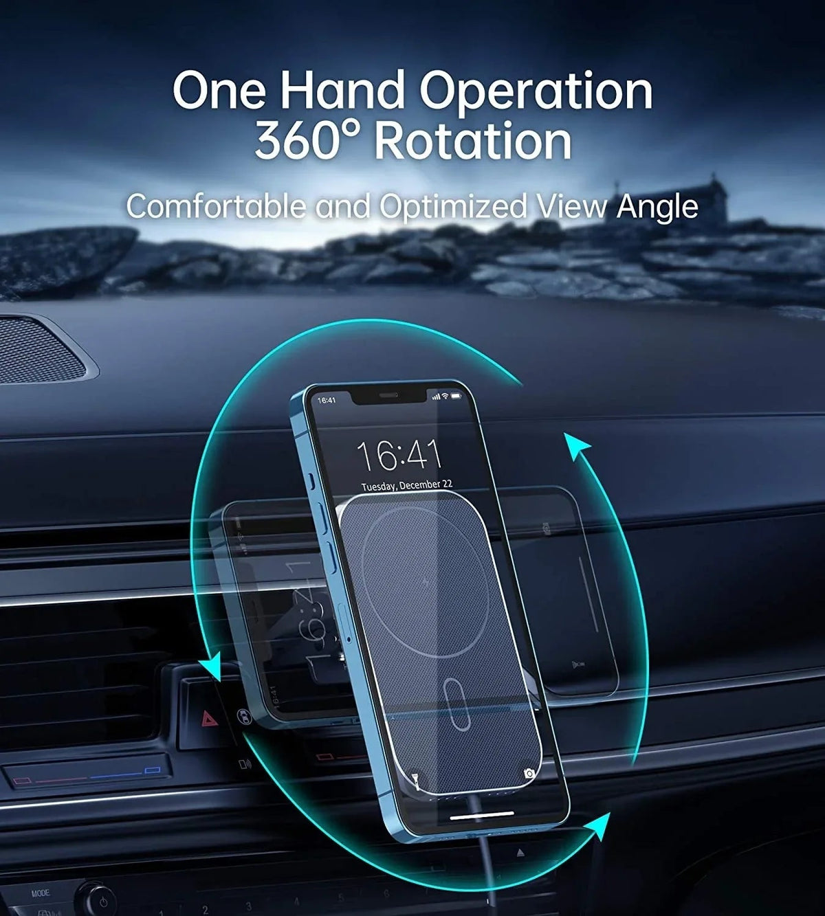 View of powerful built-in magnet aligning phone on charging mount for stable and efficient wireless charging.