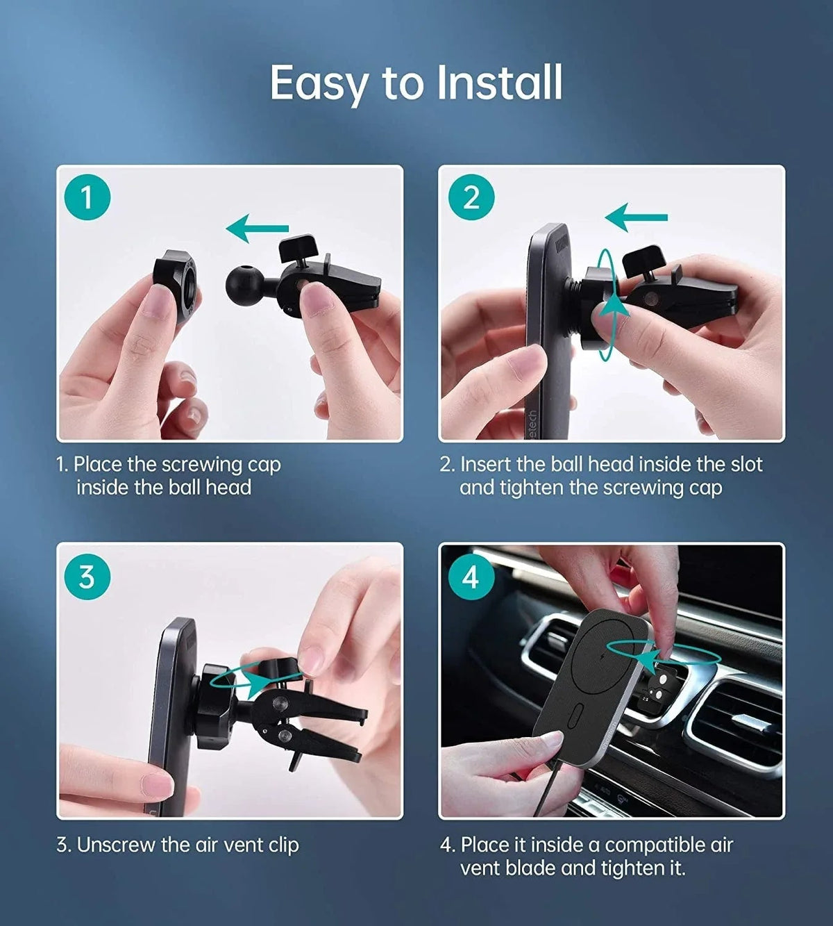 Ergonomic wireless car charger holder with adjustable ball-head mount attached to a car air vent, phone not attached.
