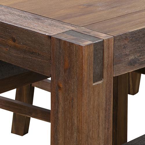 Dining table showing clean minimal design with solid wooden top and supportive metal frame legs on hardwood floor.
