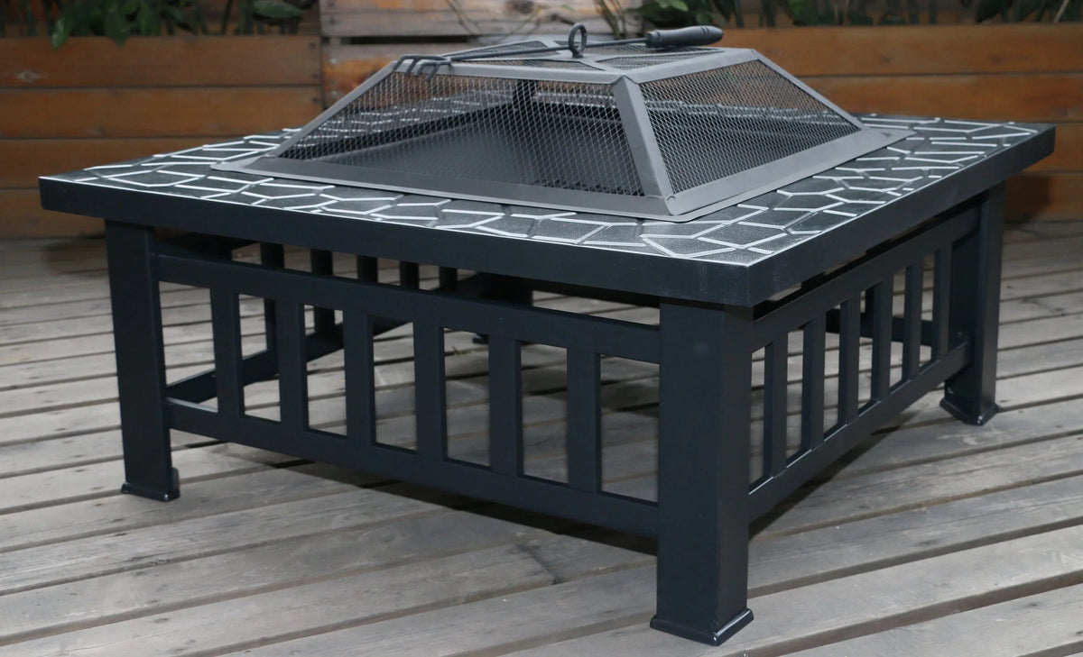 Close-up of the fire pit's metal frame and powder-coated finish.