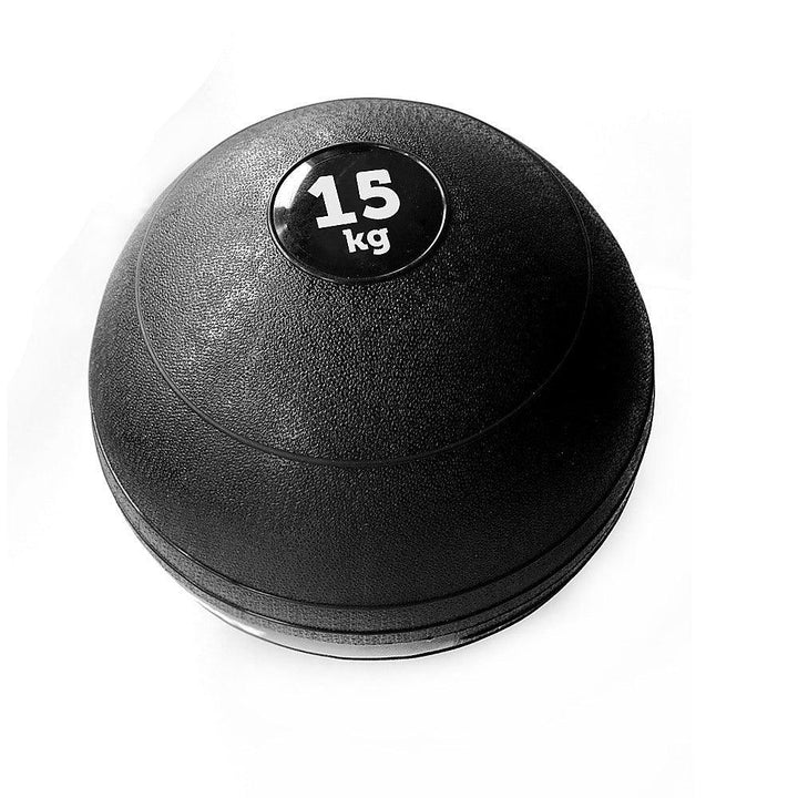 Close-up of a black 15kg slam ball with textured surface for Crossfit and MMA training.