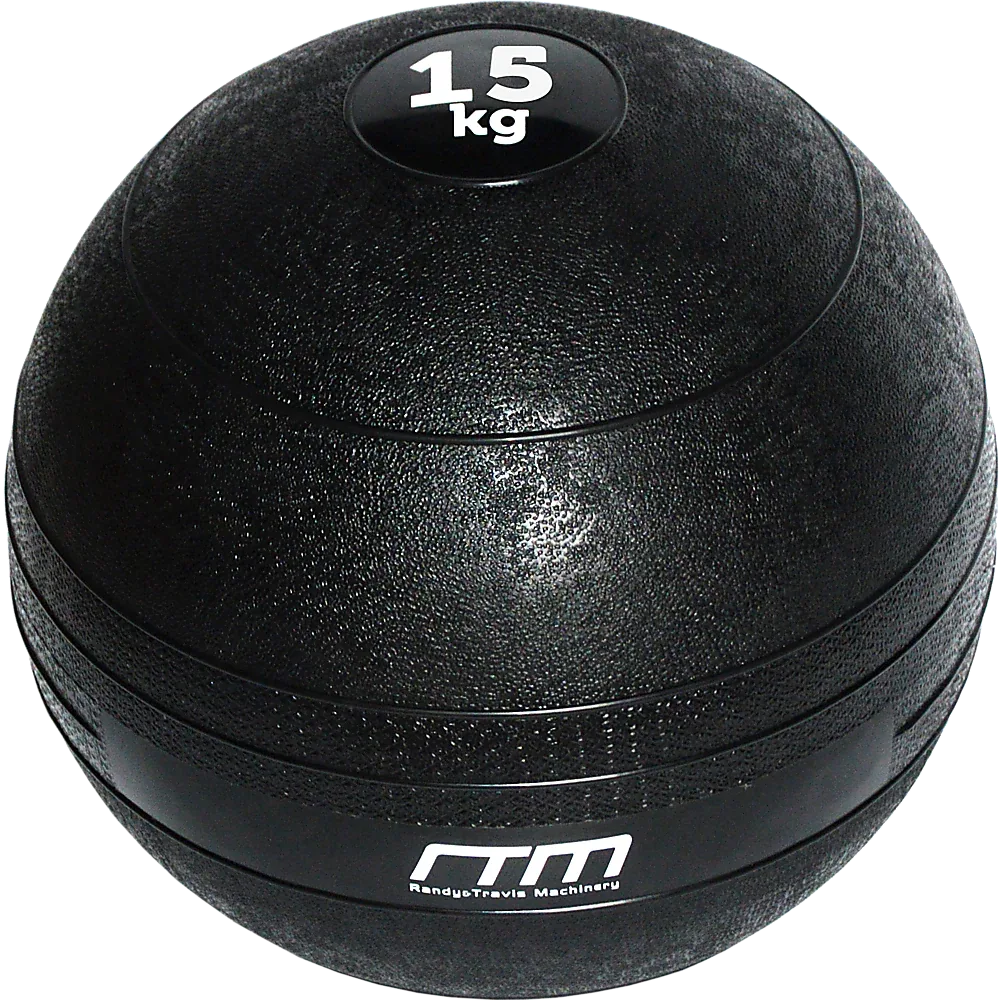 Black 15kg slam ball isolated on white background highlighting its sturdy rounded shape.