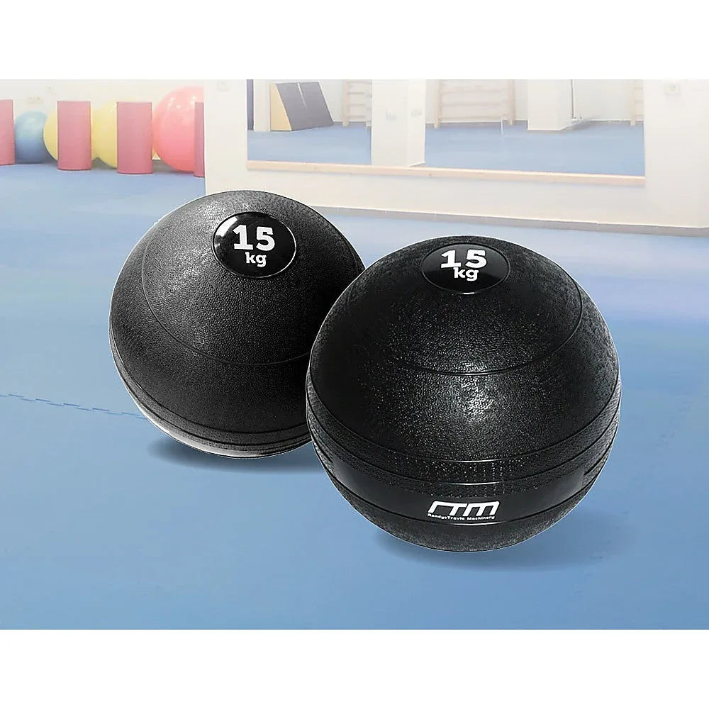 Side view of the black no-bounce 15kg slam ball showing its dense, sand-filled core.