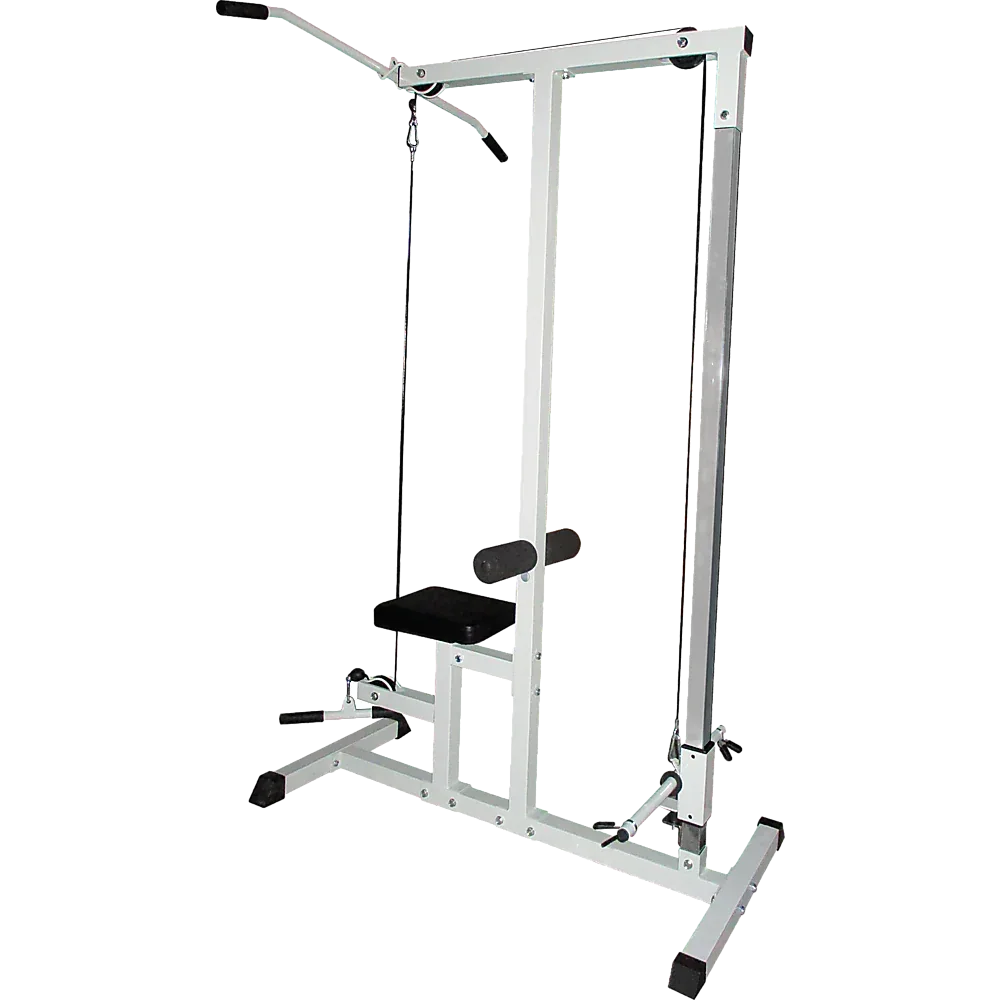 Compact home workout machine bench featuring padded seat and lat pulldown bar.