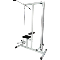 Compact home workout machine bench featuring padded seat and lat pulldown bar.