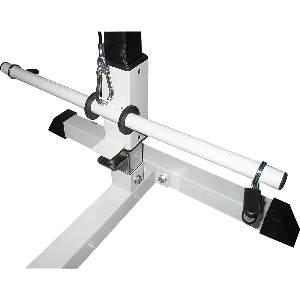 Fitness multi gym equipment focusing on lat pulldown cable and adjustable weight storage.