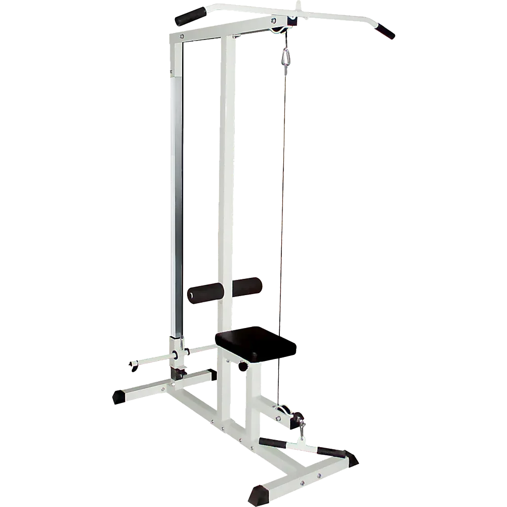 Home fitness multi gym lat pulldown machine showing black padded bench and steel frame from side view.