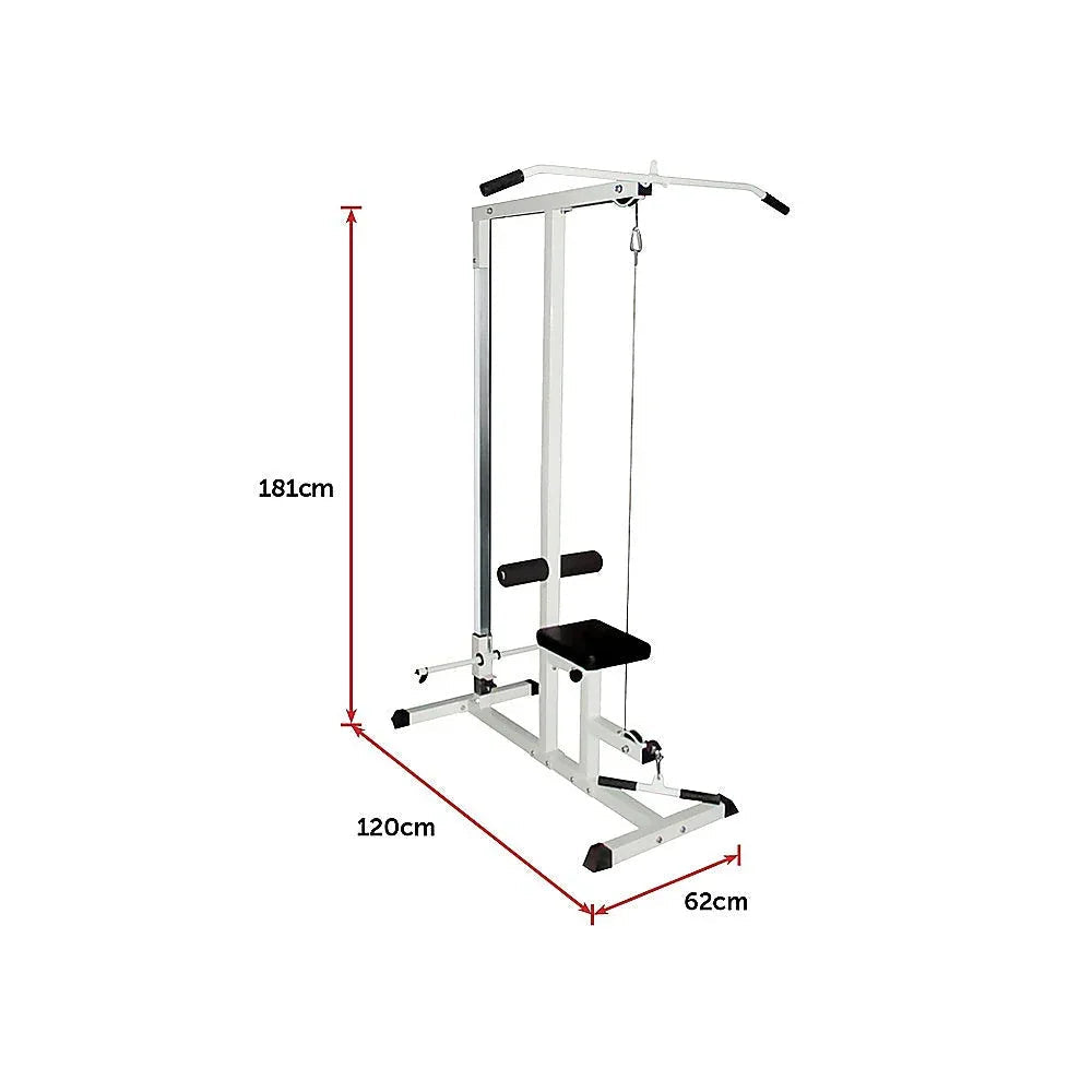 Home gym lat pulldown and rowing machine showing padded bench and cable pulley system.
