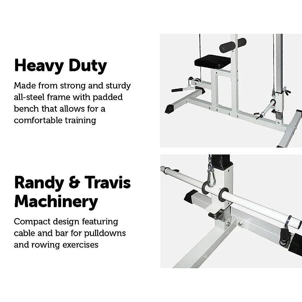 Multi gym exercise bench with lat pulldown cable setup against white background.