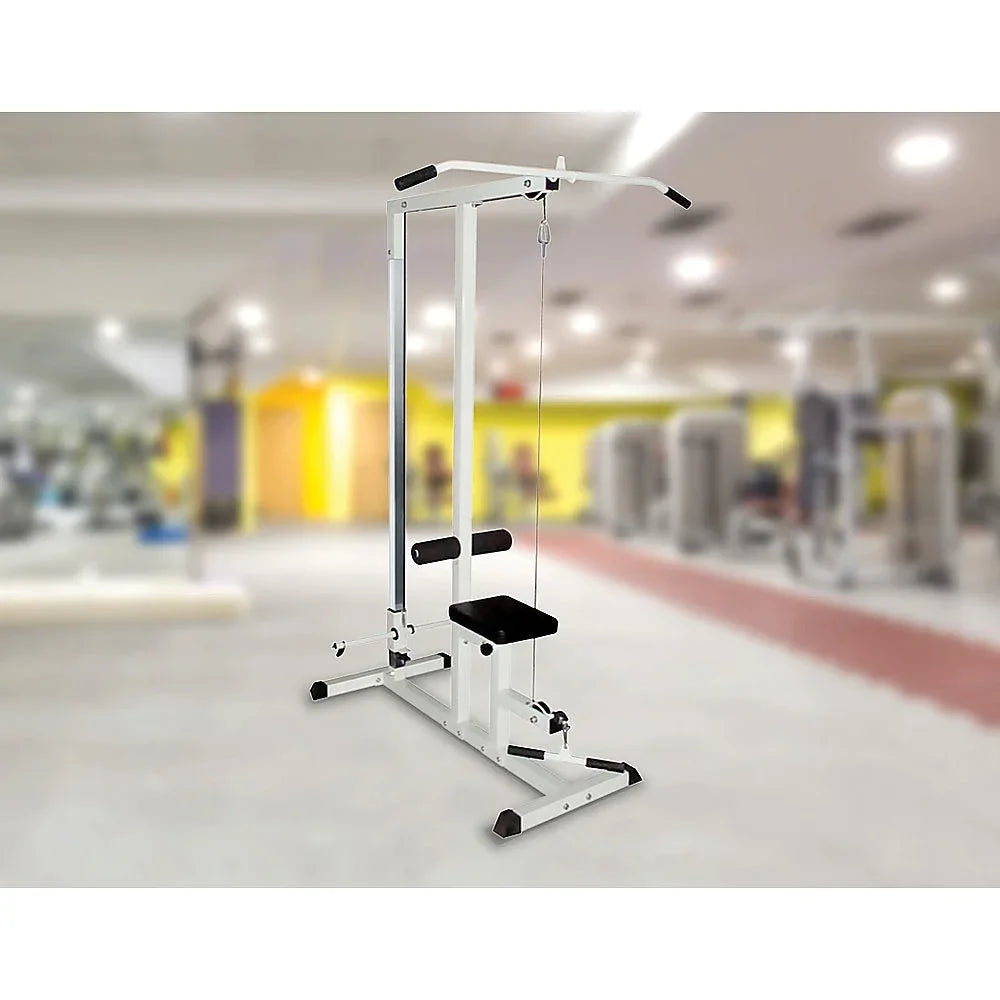 Close-up of multi gym workout machine with lat pulldown cable and bar attachment in black.