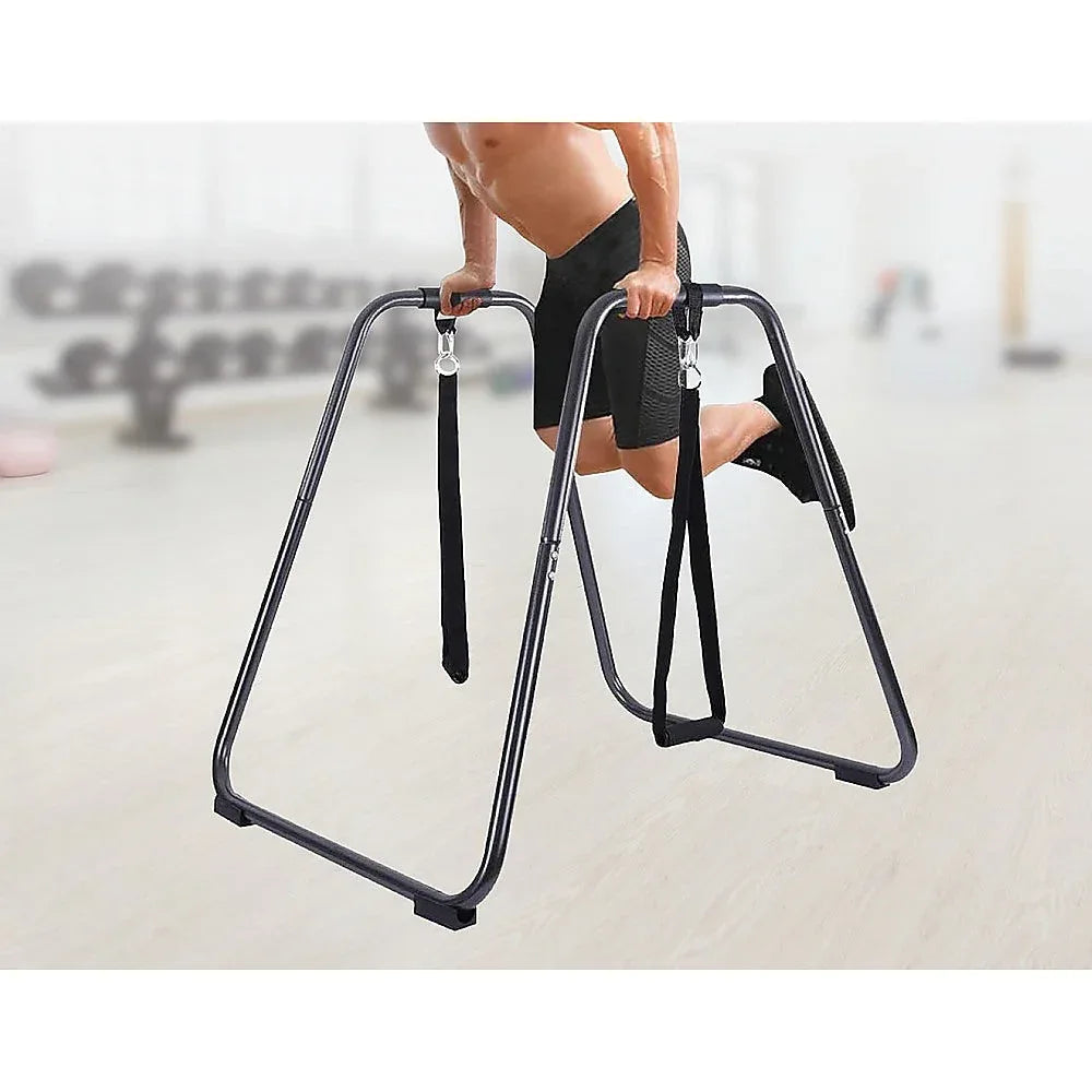 Close-up on suspension straps and steel frame of body press core bars push-up stand.