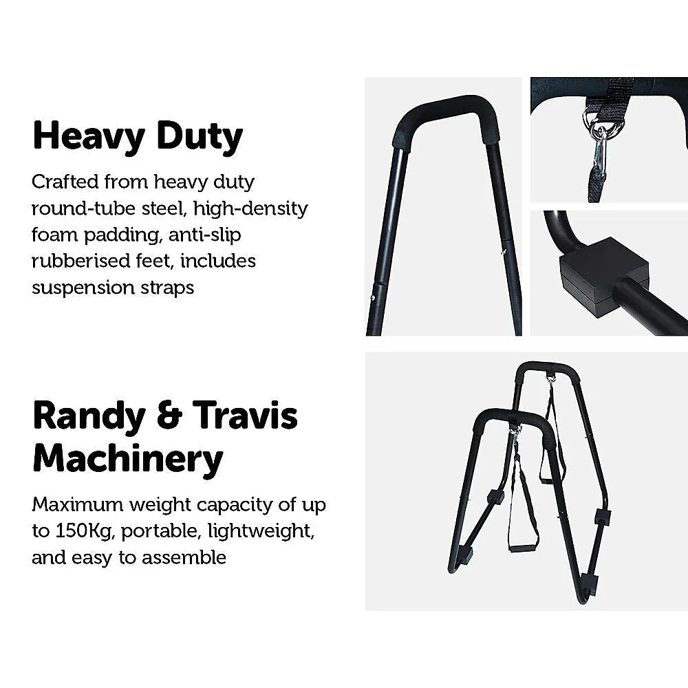Rear angle of black steel parallette stand used for dips and push-ups at home gym.