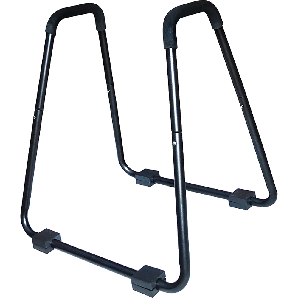 View highlighting detachable suspension straps on home gym parallette push-up bars.