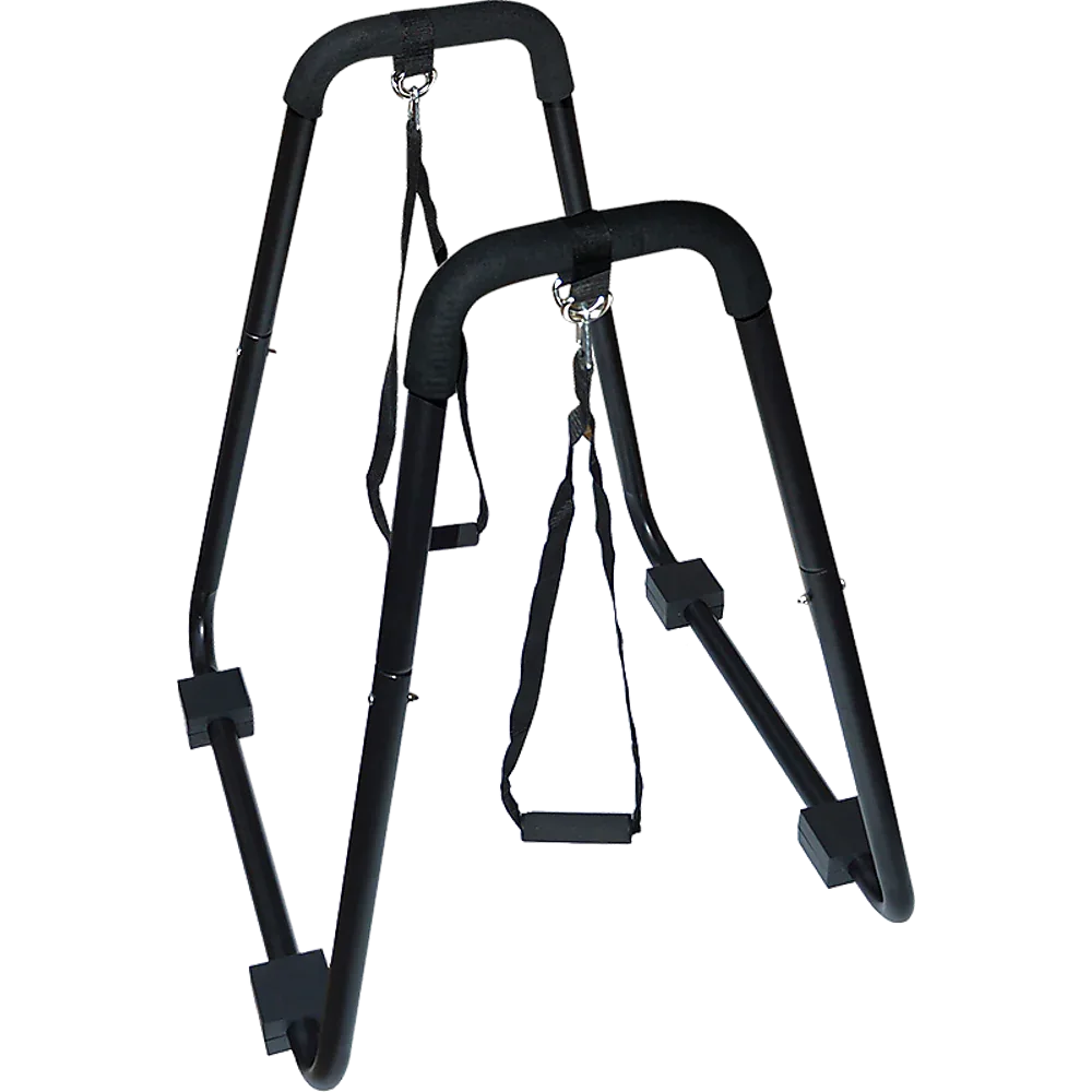 Heavy duty parallel bars with foam grips shown as part of home gym parallette stand.