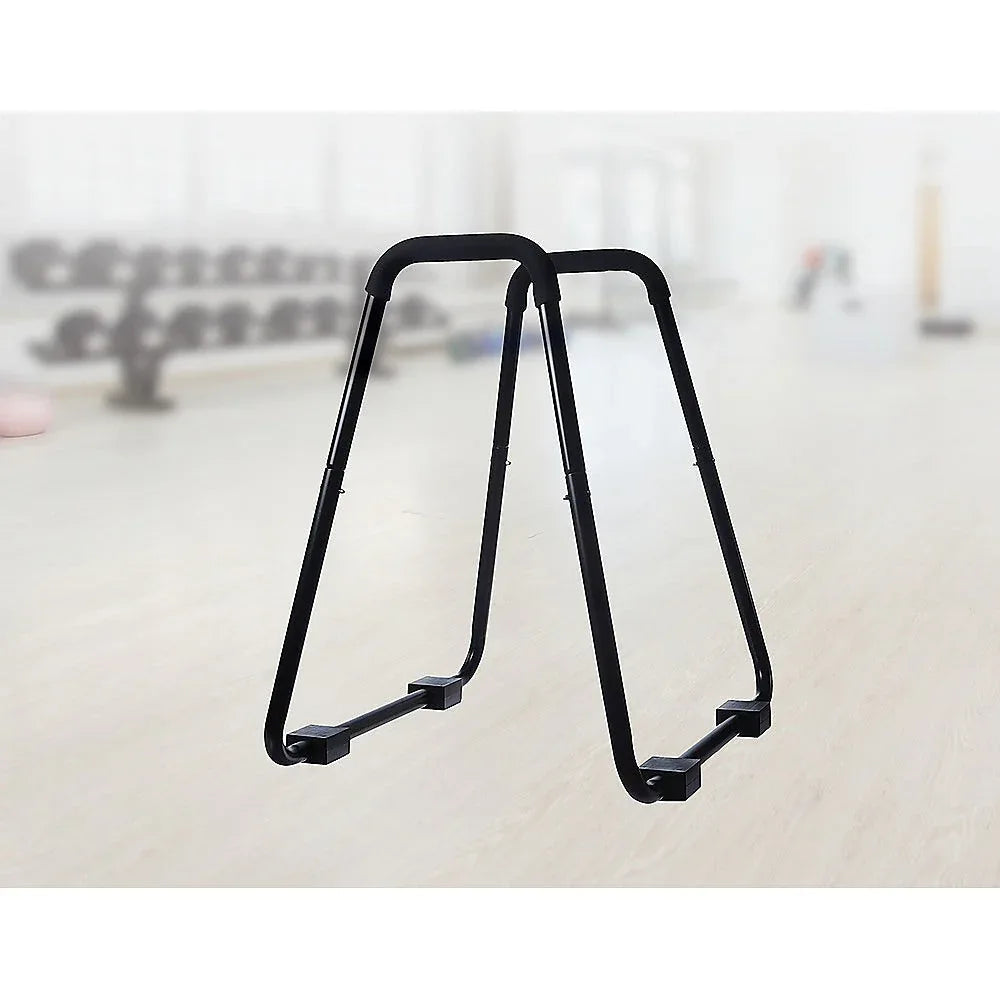 Side view of sturdy parallette stand with parallel bars and fitness suspension straps.