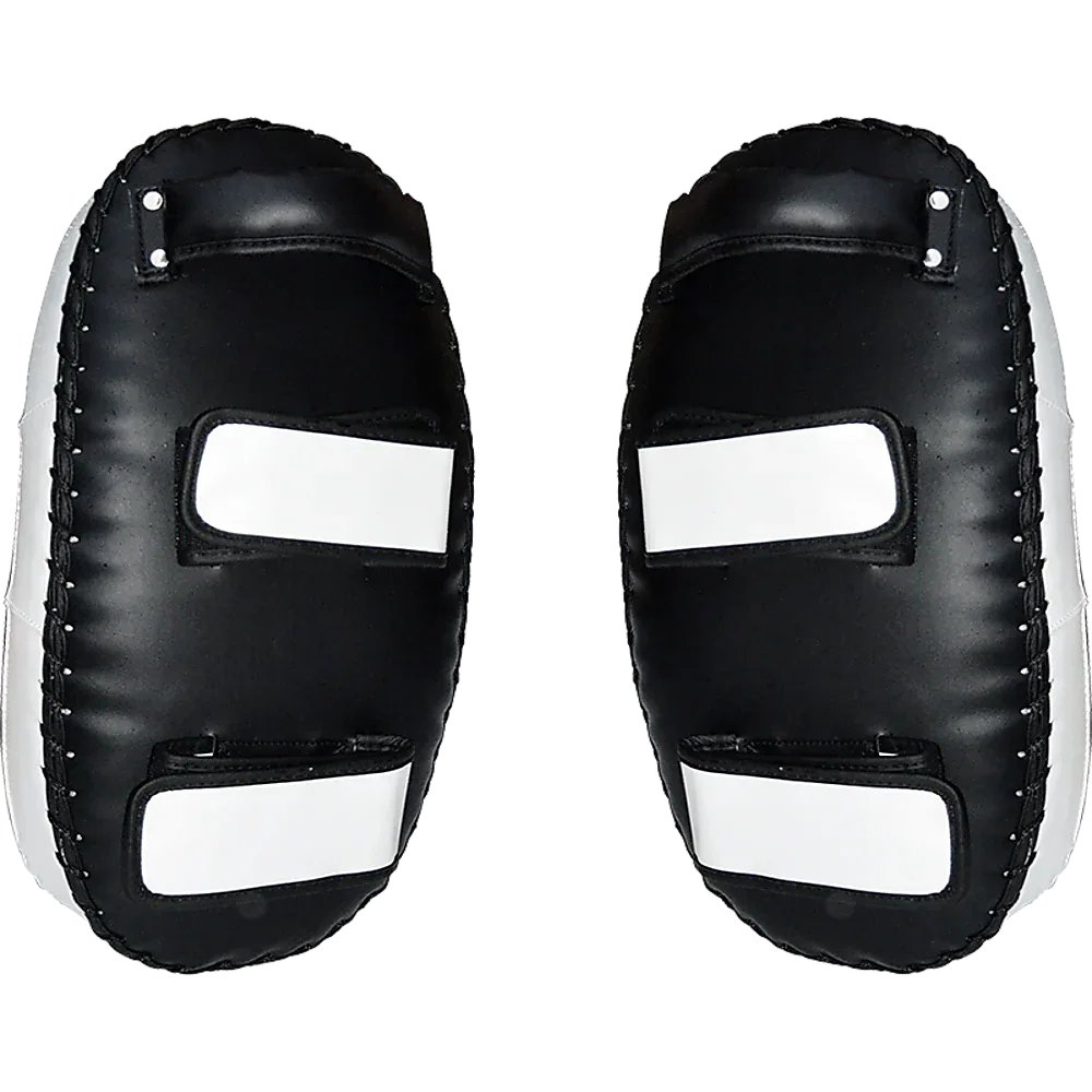 Black curved arm shield pad lying flat showing sturdy leather exterior