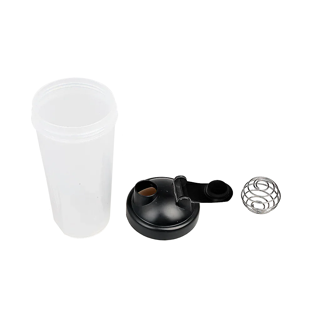 Protein shaker bottle with purple lid and white mixer ball on a plain white background