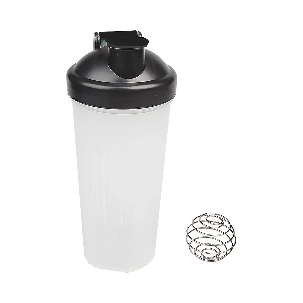 Protein shaker bottle with black lid and attached flip cap, showing mixer ball inside