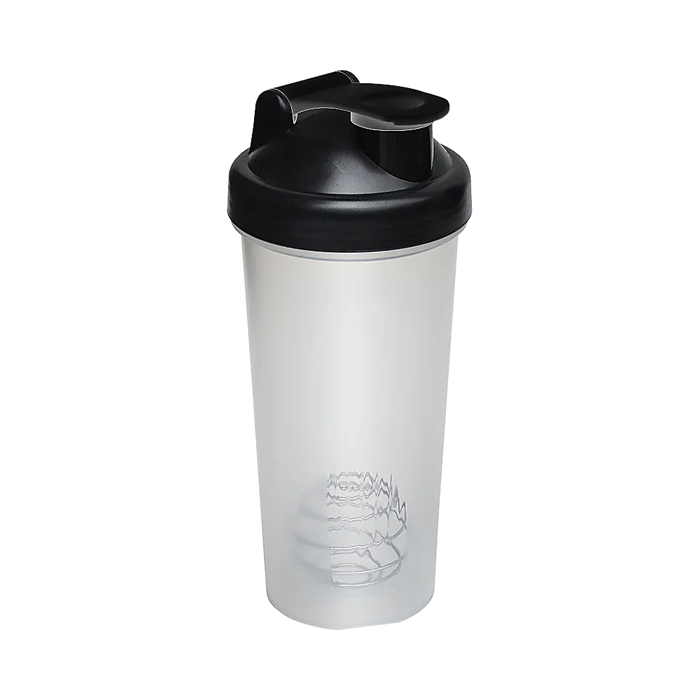 Protein shaker bottle with green lid and flip cap open, displaying contents inside