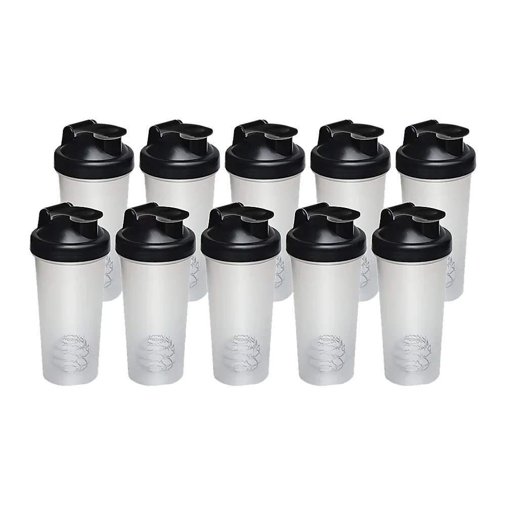 Set of ten transparent 700ml protein shaker bottles with white lids and mixer balls