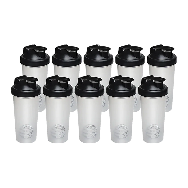Set of ten transparent 700ml protein shaker bottles with white lids and mixer balls