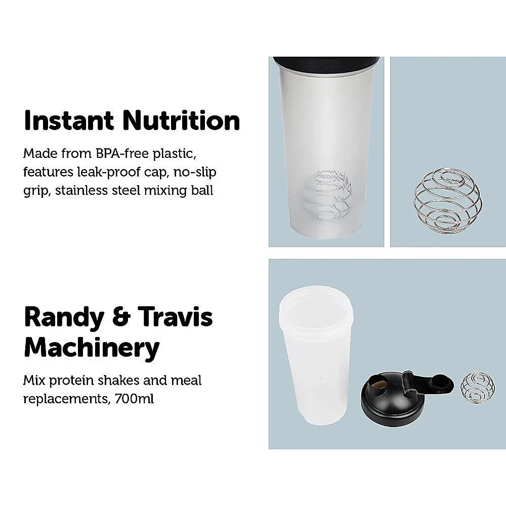 Protein shaker bottle with red lid and white mixer ball, side view on white background