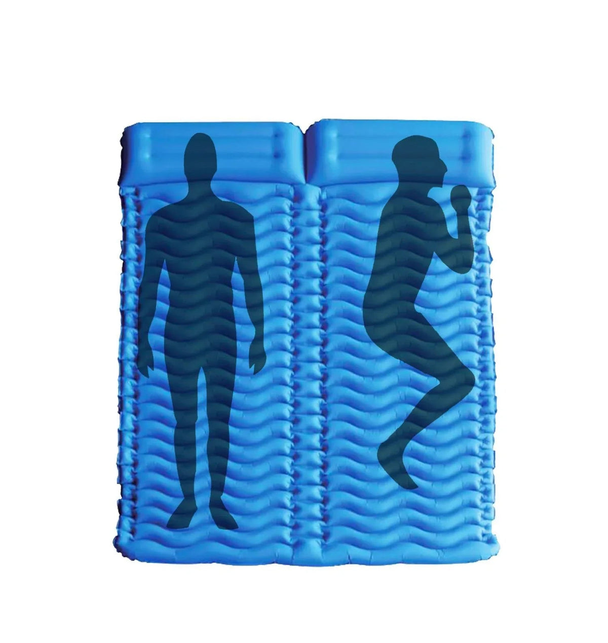 Compact air pump with hose attached next to deflated camping sleeping pad for quick inflation.