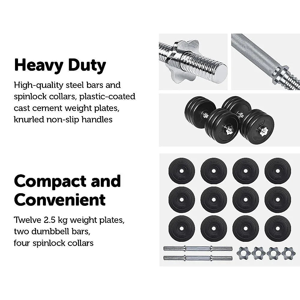 Set of adjustable dumbbells with black plates and silver handles arranged diagonally.