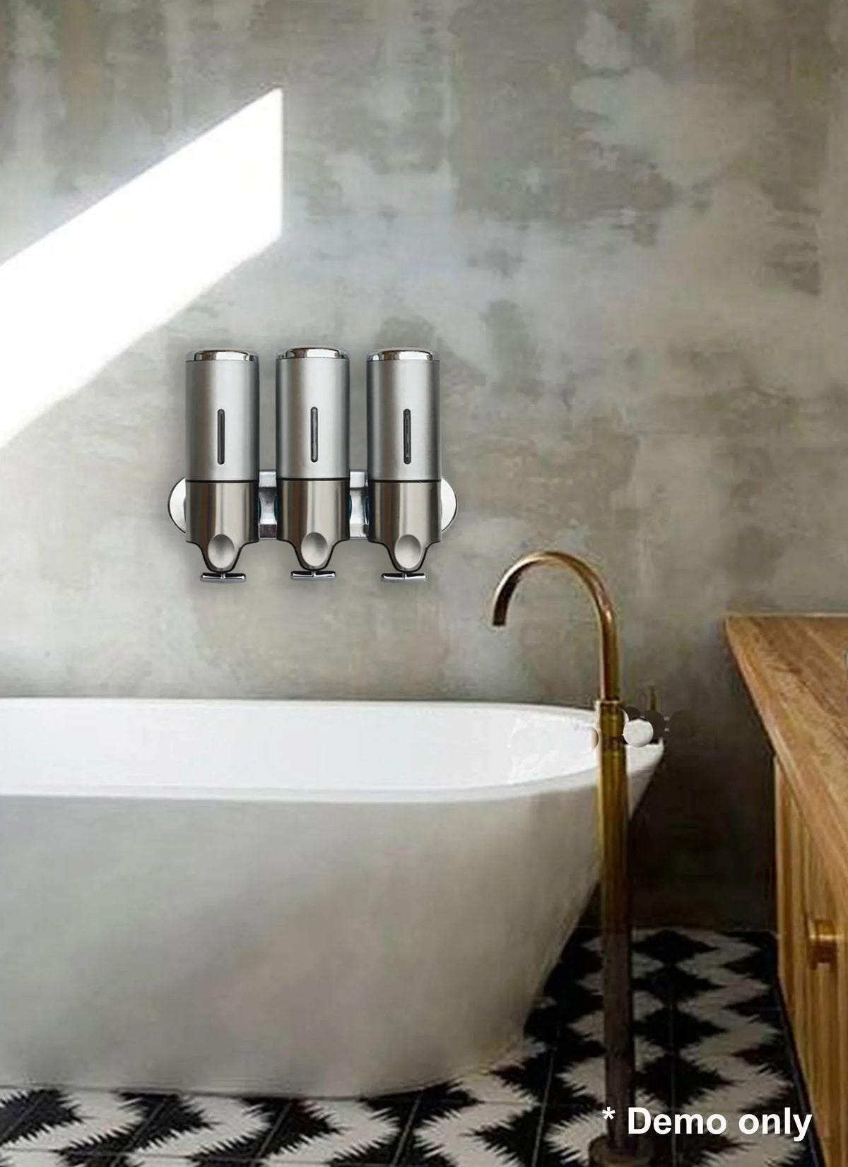 Shower dispenser installed in a bathroom showing sleek design and easy-to-pump liquid soap containers.