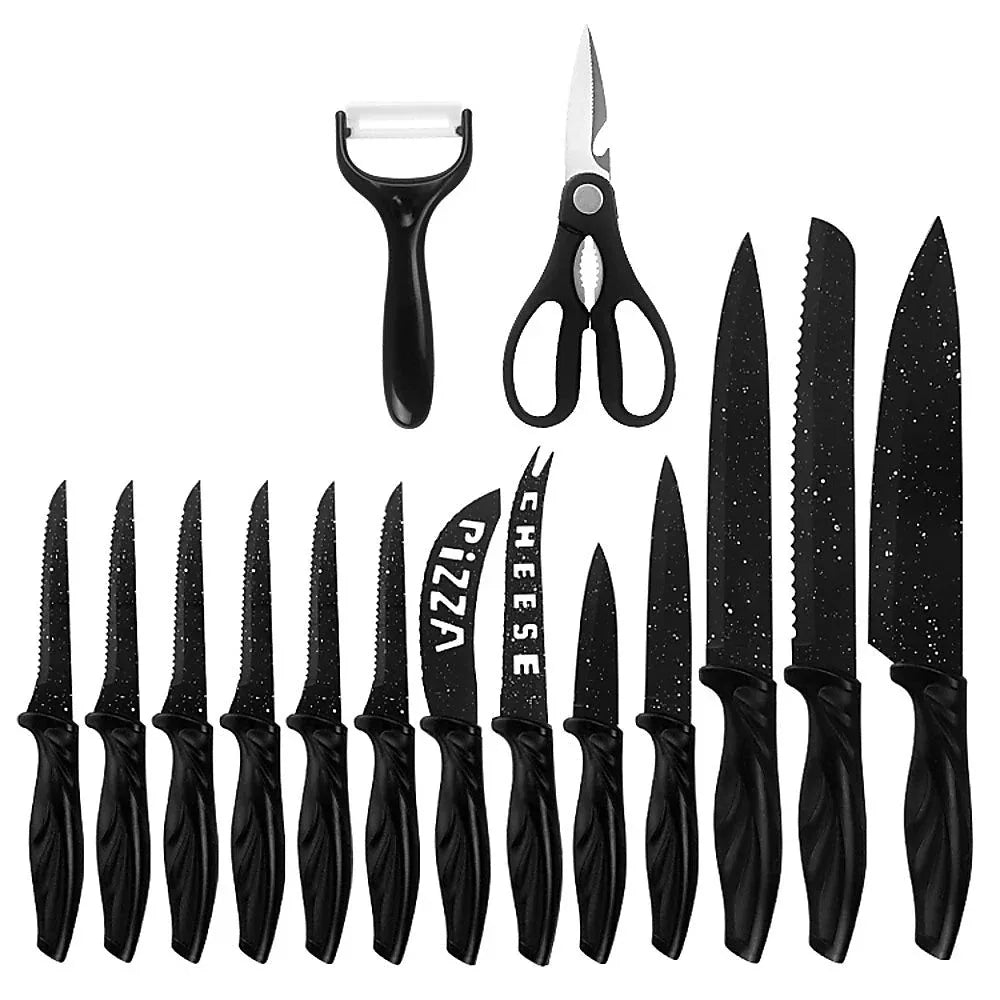 Set of specialty knives from a 17-piece kitchen set with wooden knife block on kitchen counter.