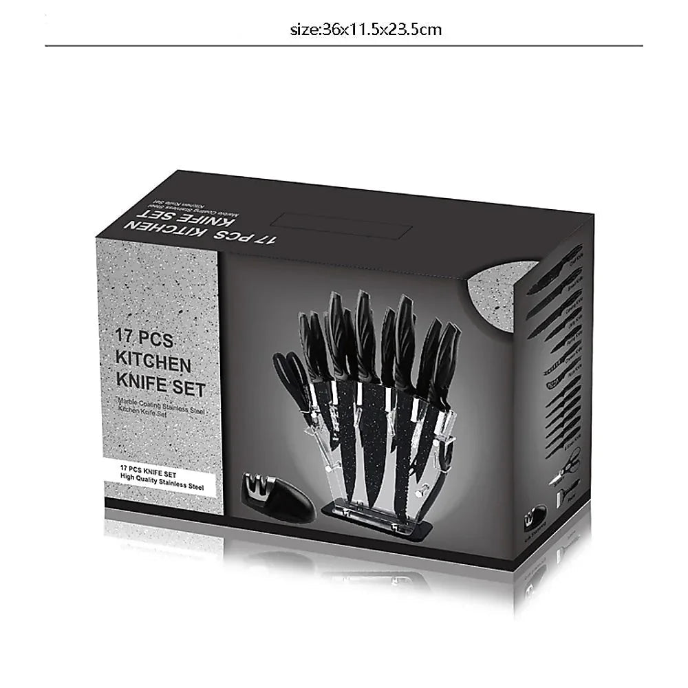 Hand using peeler from the 17-piece kitchen knife set to peel a vegetable.