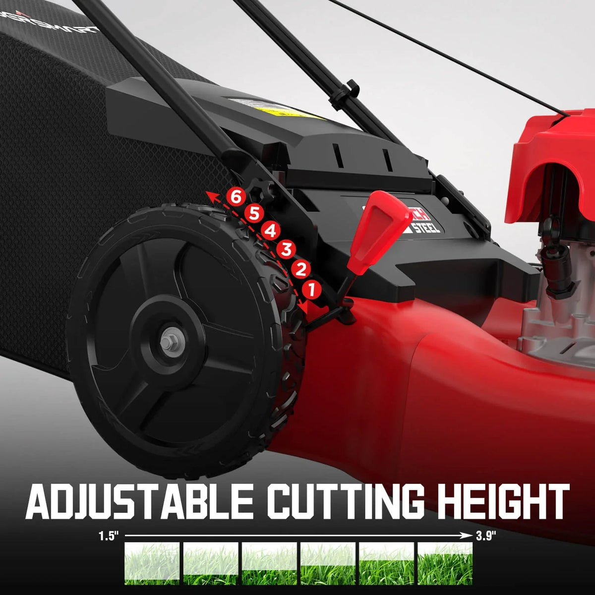 Side view of self-propelled lawn mower showing grass discharge chute and large rear wheels.