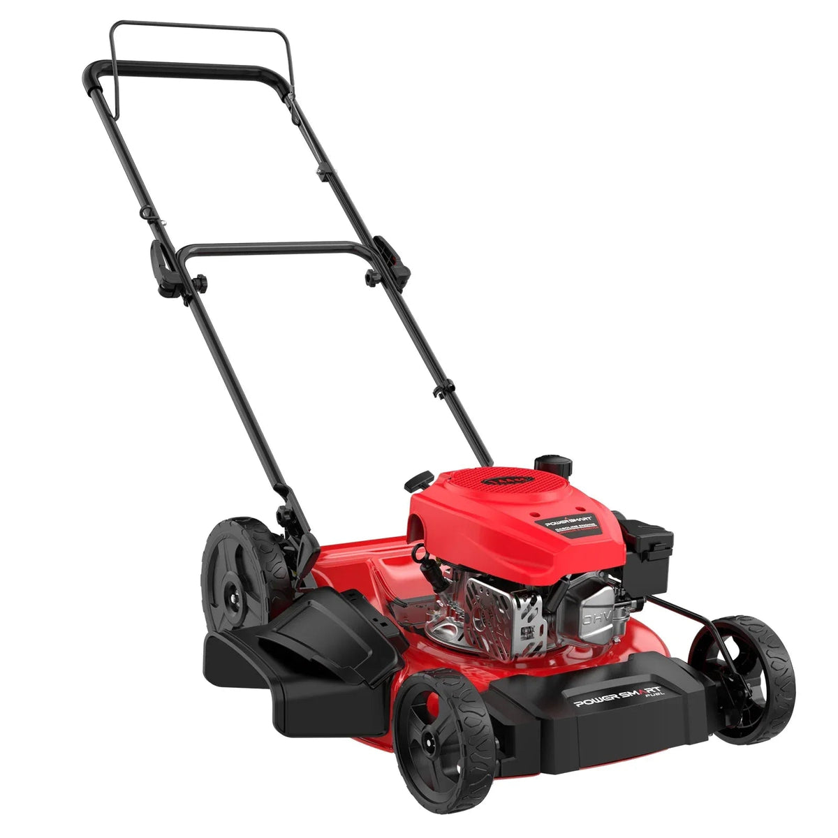 Red gas-powered lawn mower with a 21-inch steel deck and adjustable cutting height, shown on green grass.